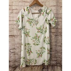 lr Dress Womens Medium White Floral Boho Cold Shoulder Sleeve Flowy Sundress